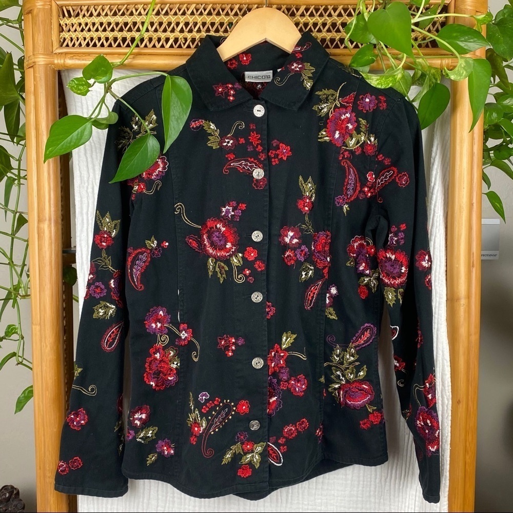 CHICOS BLACK FLORAL DENIM EMBROIDERED SHIRT‎ JACKET​​​​​